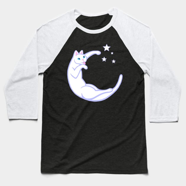 Playful Lunar Cat Moon and Stars Baseball T-Shirt by Art by Deborah Camp